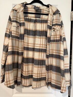 Beige & Gray Plaid Hooded Overshirt